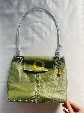 Olive Green Quilted Crossbody Bag with Decorative 'O' Accent